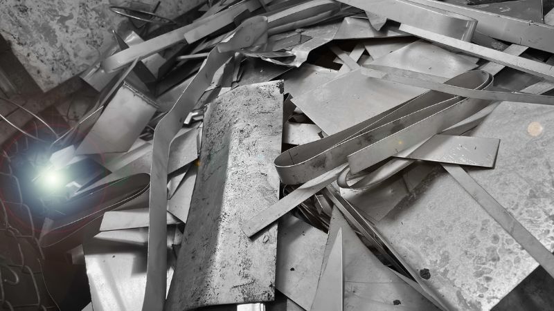 Scrap metal pile with stainless steel and aluminum debris, environmental impact of metal waste, recycling solutions, sustainable metal disposal, eco-friendly metal recycling processes.