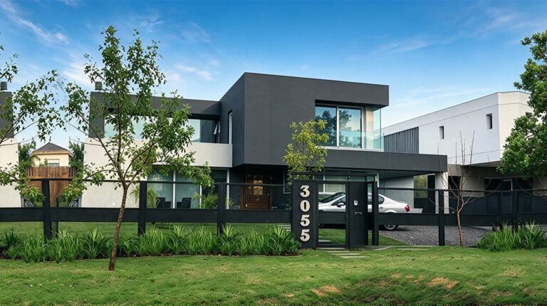 Contemporary two-story house with large windows, a black fence, and a well-maintained garden in a suburban neighborhood.