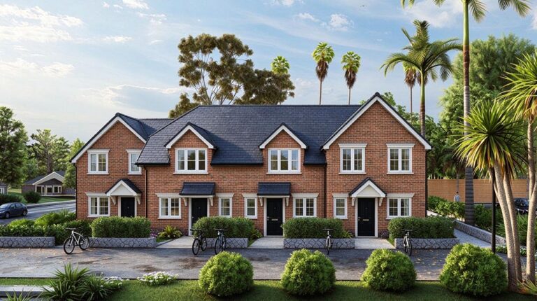 Contemporary terraced townhouses in Ascot, UK with brick facades, well-maintained gardens, and palm trees, showcasing a stylish residential development.