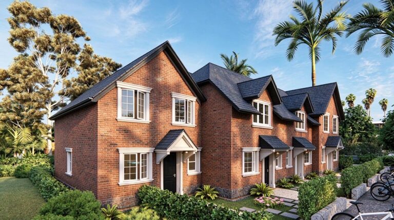 Case a schiera contemporanee ad Ascot, nel Regno Unito, caratterizzate da facciate in mattoni, tetti a falde e un rigoglioso giardino, ideali per la vita moderna.