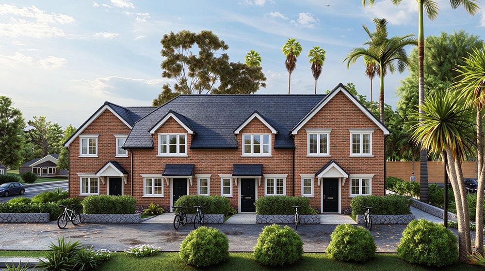 Contemporary terraced townhouses in Ascot, UK with brick facades, well-maintained gardens, and palm trees, showcasing a stylish residential development.
