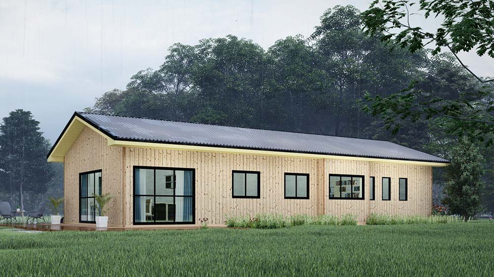 Modern wooden eco-friendly house with large glass windows surrounded by lush greenery and trees, showcasing sustainable home design by Deepblue.