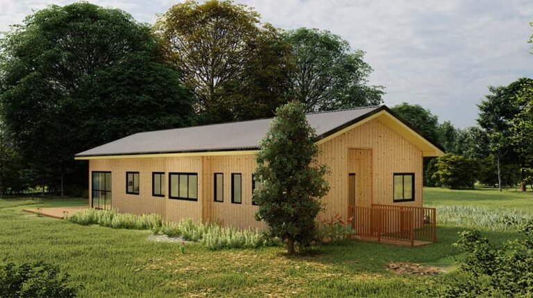 Modern wooden tiny home with large windows, surrounded by lush greenery and mature trees, emphasizing eco-friendly tiny house living and sustainable design from Deep Blue Home.