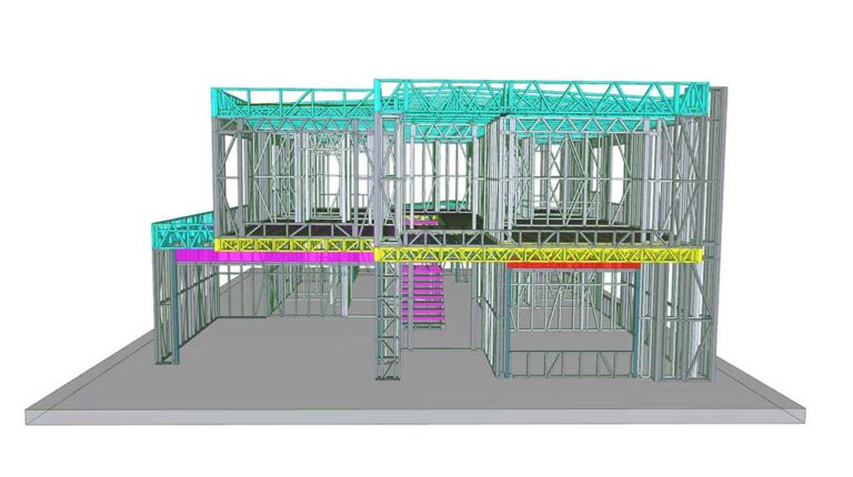 Structural framework of a modern house under construction with steel beams and scaffolding, showing multiple levels and detailed structural elements.