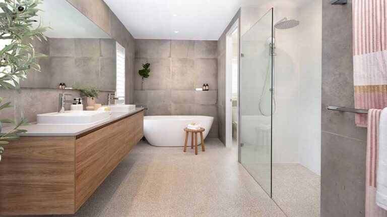Contemporary bathroom featuring a freestanding bathtub, glass shower enclosure, wooden vanity, and minimalist decor for a sleek, stylish look.