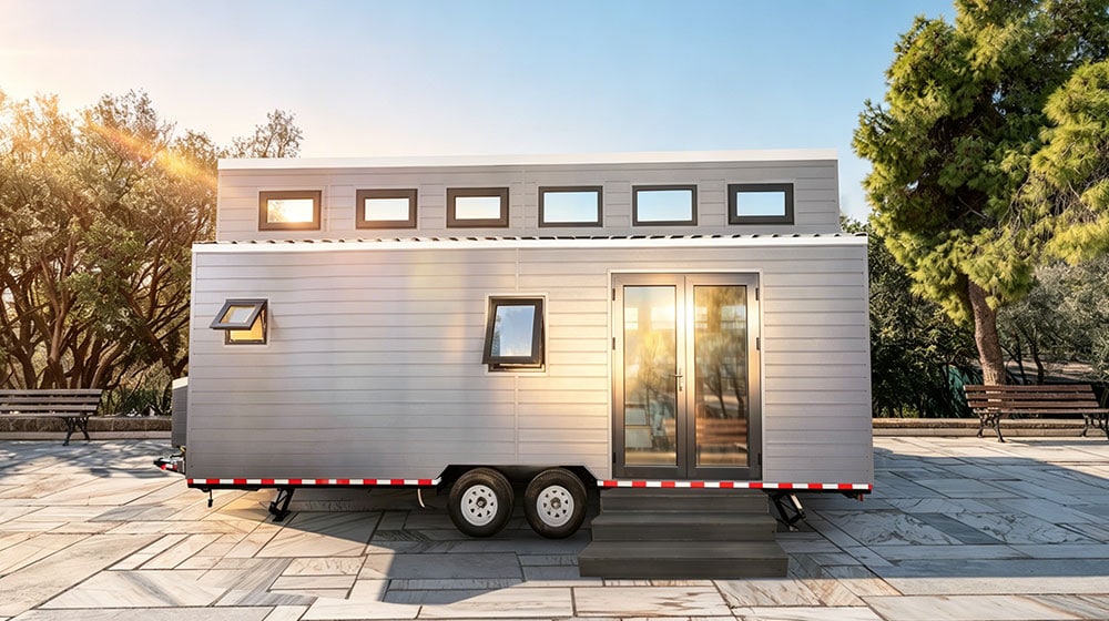 Modern Cicer Box tiny house on wheels in Australia, showcasing compact living with sleek design and large windows, ideal for sustainable and mobile lifestyles.