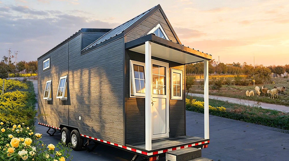 Tiny house on wheels with modern black exterior and white accents, featuring a small porch and large windows, set against a scenic sunset background.