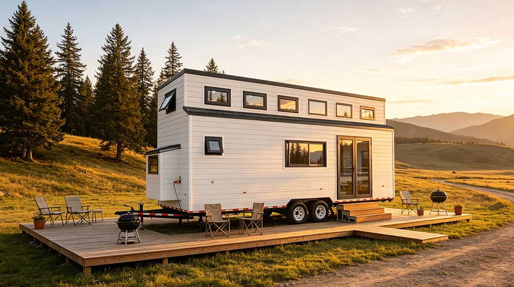 Modern white tiny house on wheels with large windows, set in a scenic outdoor landscape with trees and mountains at sunset.