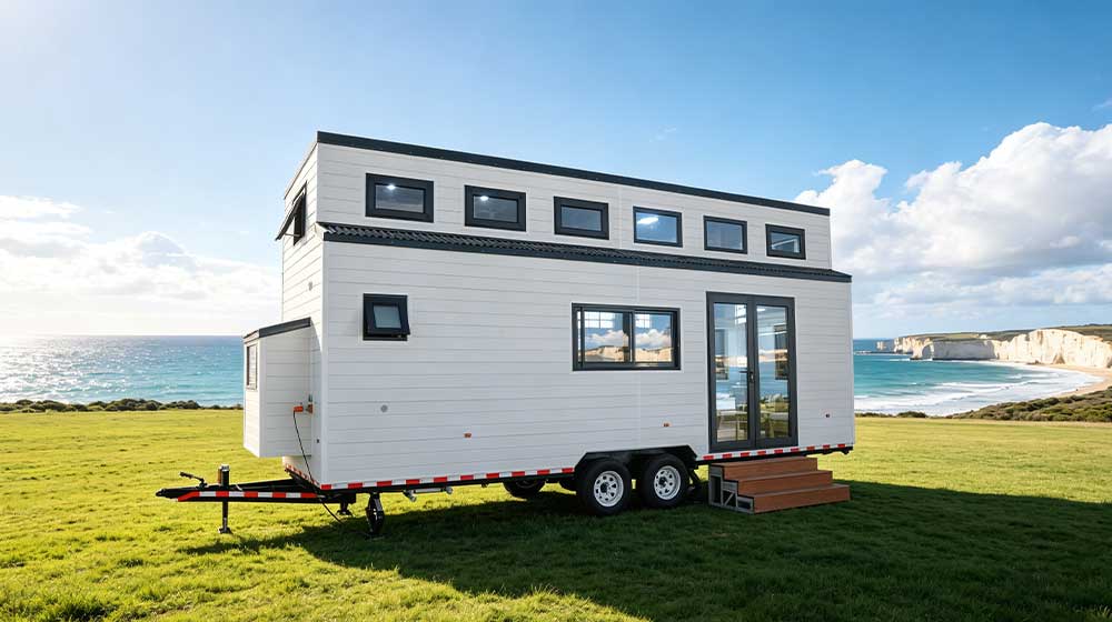 Modern white tiny house on wheels with large windows, set on a grassy field near the coast, under a partly cloudy sky.