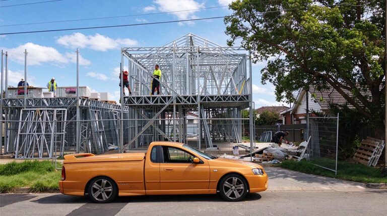 Construction workers building a steel frame structure for a new building with a yellow pickup truck parked in front.