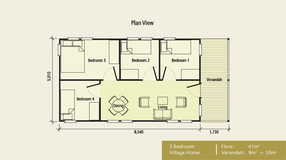 3-bedroom village home floor plan with living, dining, verandah; 41m² indoors, 9m² verandah.