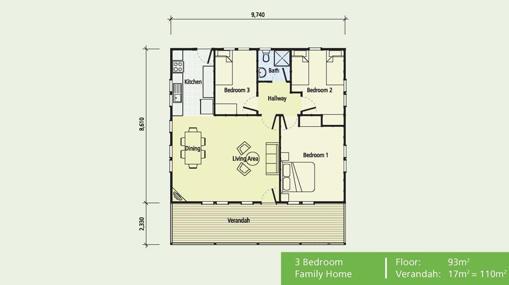 3-bedroom house floor plan with kitchen, dining, living, bath, verandah; 93m² plus 17m² verandah.