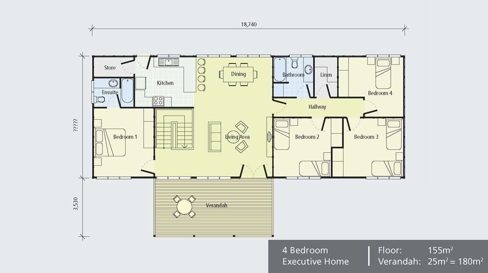 4 bedroom home floor plan with labeled rooms, bathrooms, hallway, verandah, and dimensions.