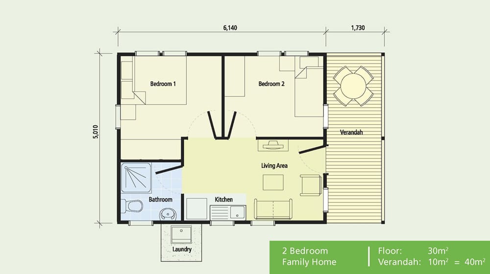 Two-bedroom home floor plan with living, kitchen, bath, laundry, and verandah; total area 40m² (30m² + 10m²).