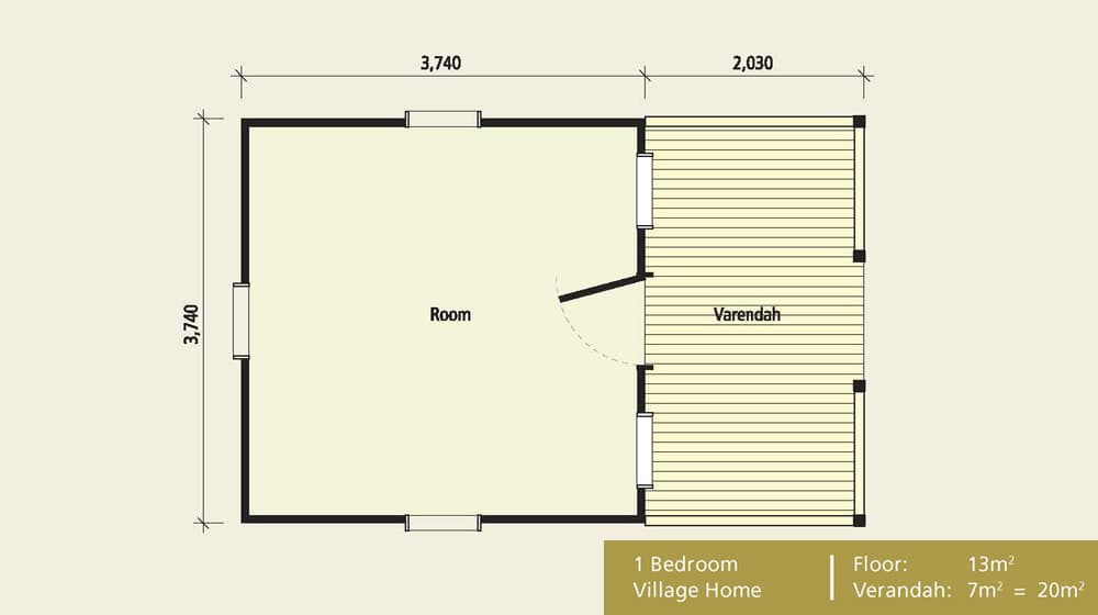 1-bedroom village home floor plan: 13m² room, 7m² verandah; total area 20m².
