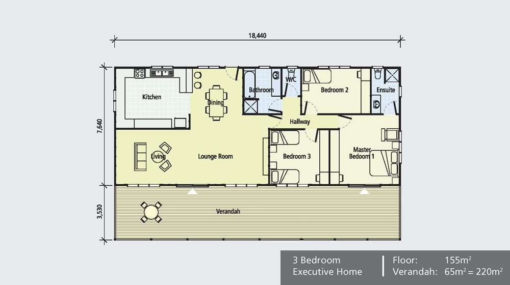 3-bedroom home floor plan with kitchen, lounge, 2 baths, hallway, verandah; dimensions shown at lower right.