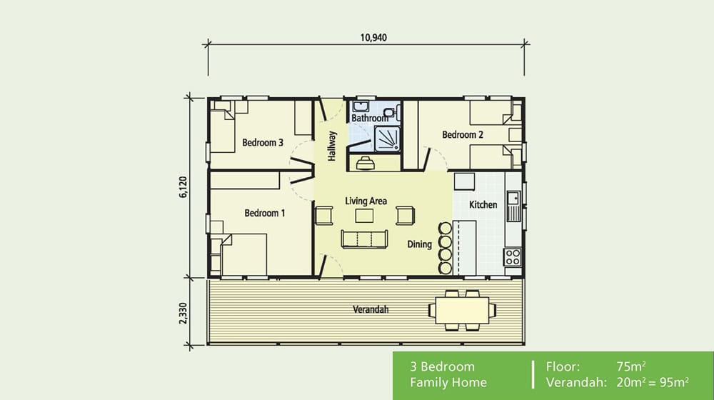 Three-bedroom home floor plan with labeled rooms, verandah, and listed dimensions and area details.