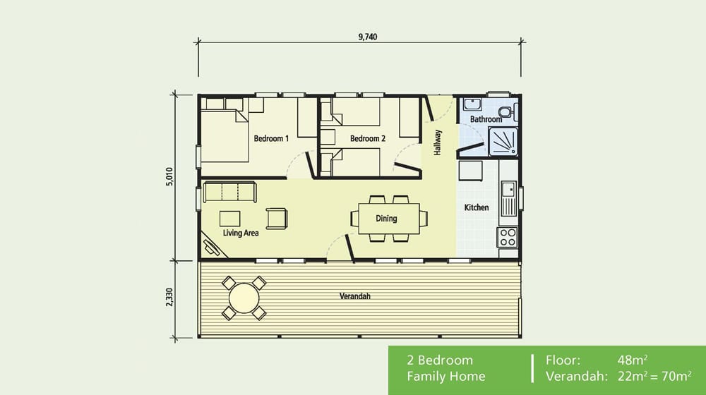 2-bedroom home floor plan with living, dining, kitchen, bath, hallway; 48m² plus a 22m² verandah.