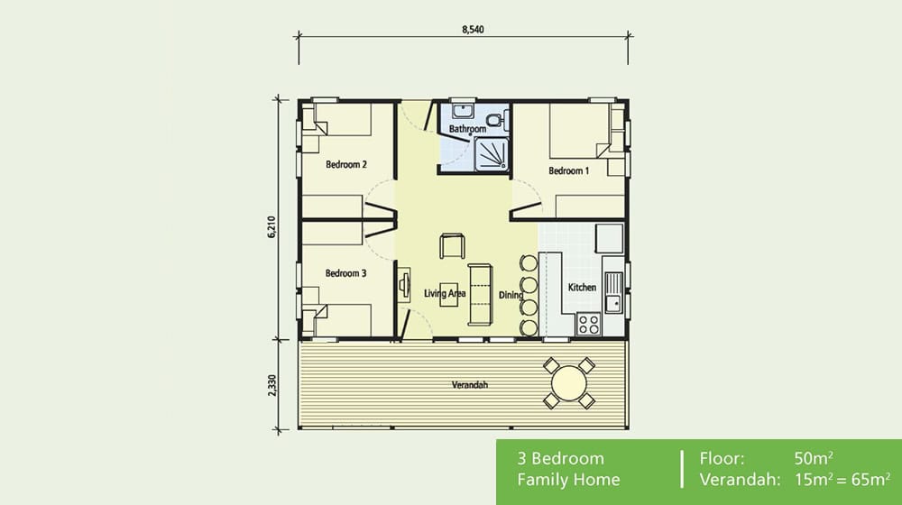 3-bedroom house plan with living, dining, kitchen, bath & front verandah; 65m² total (50m² + 15m² verandah).