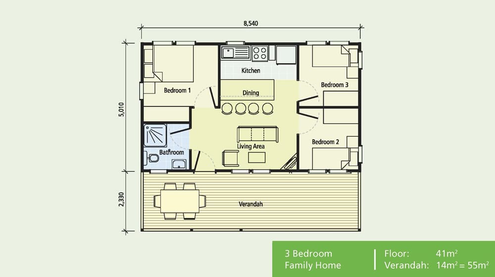 3-bedroom home floor plan with kitchen, living, dining, bath & front verandah; 41m² inside, verandah 14–55m².