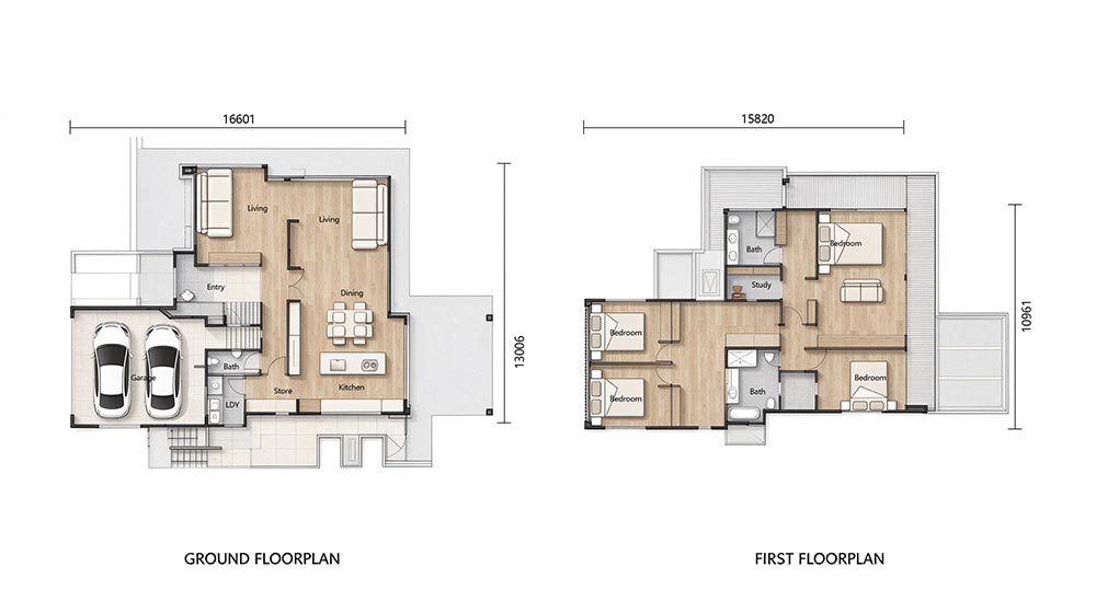 Detailed ground and first floor plans of the Harmony house by Deepblue, showcasing modern design and spacious layout.