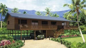 Elevated bungalow on stilts with a wraparound porch, car below, and tropical plants and palm trees around it.