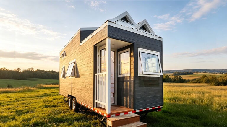 Modern Shangri-La 2406t tiny house on wheels with stylish black exterior, large windows, and compact design, perfect for minimalist living and mobile lifestyles.