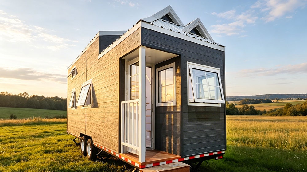 Compact Shangri-La 2406t tiny house on wheels with modern design, black exterior, and large windows, perfect for minimalist living or vacation retreats.