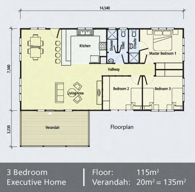 3-bedroom home floor plan with living, dining, kitchen, 2 baths, verandah. Area: 115m² + 20m² verandah. Room sizes labeled.