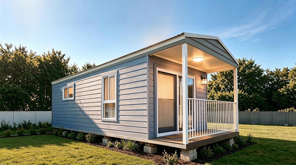 Modern foldable house with a porch, white exterior, and large windows, set in a lush green garden under a clear blue sky.