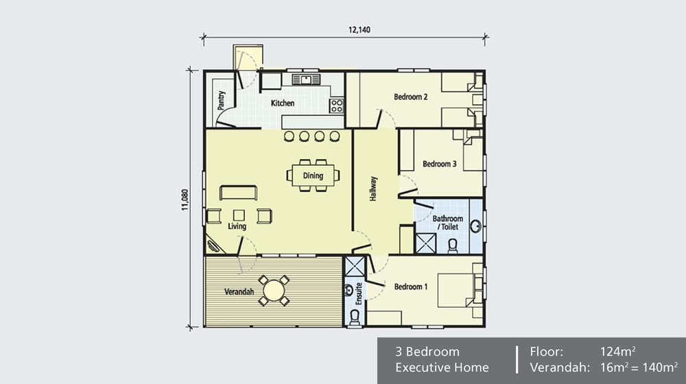 3-bedroom home floor plan with verandah, living/dining, kitchen, laundry, bathroom; size: 12.34m x 11.98m.