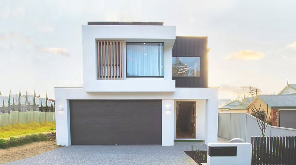Modern minimalist two-story house with clean lines and contemporary design, featuring large windows and a sleek facade.