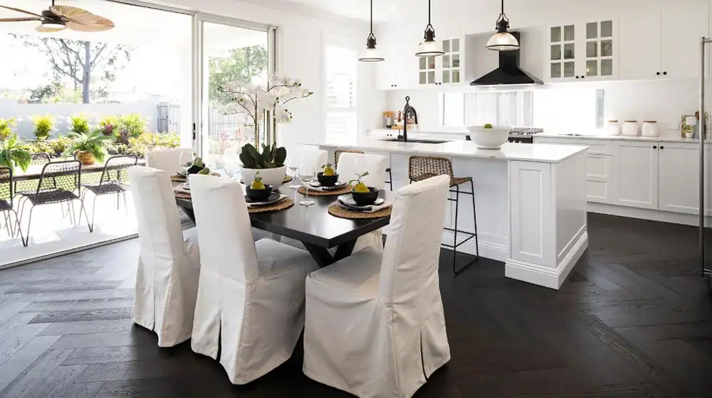 a dining room in a prefab house
