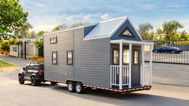 Compact Florida tiny house on wheels with modern design, perfect for minimalist living or vacation home. Features durable siding, a cozy porch, and efficient space utilization.