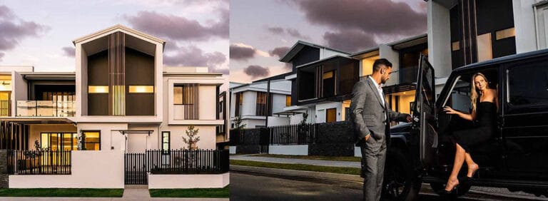 Man in suit opens car door for woman in black dress outside modern two-story house with large windows at sunset.