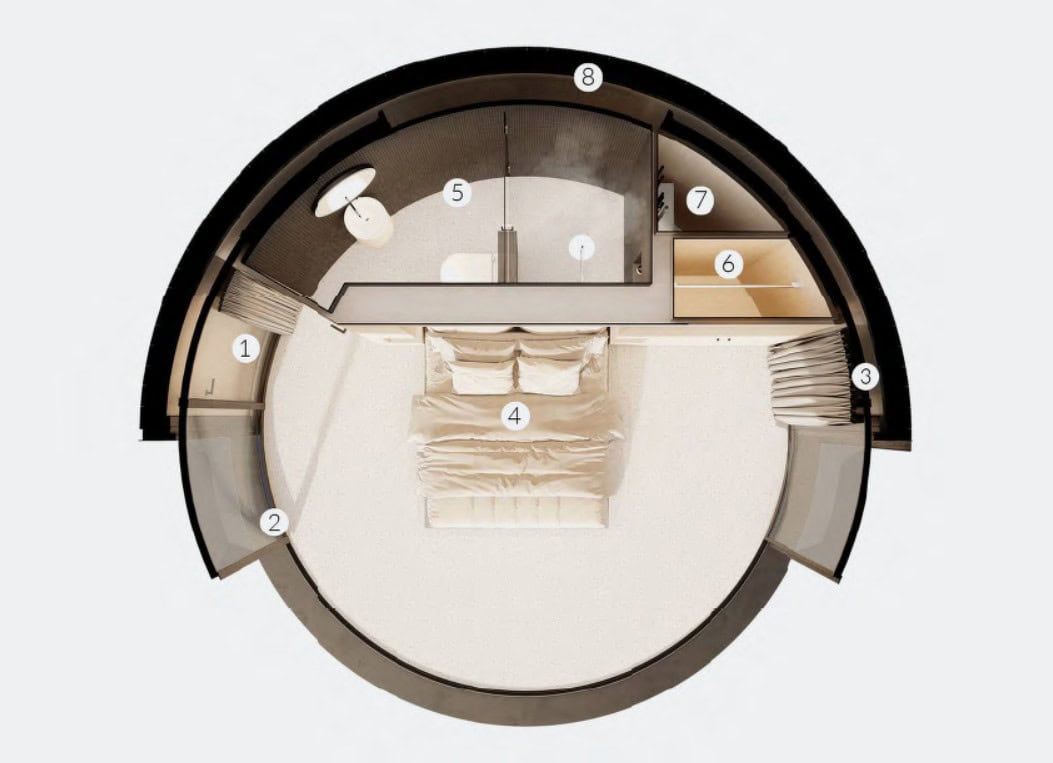 Circular room layout, bed in center, desk, storage, wardrobe, entrance; numbered sections highlight features.