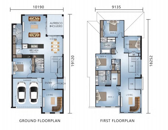 Two-story house plan: ground floor with garage, living, kitchen; upstairs with bedrooms, bathrooms, and lounge.