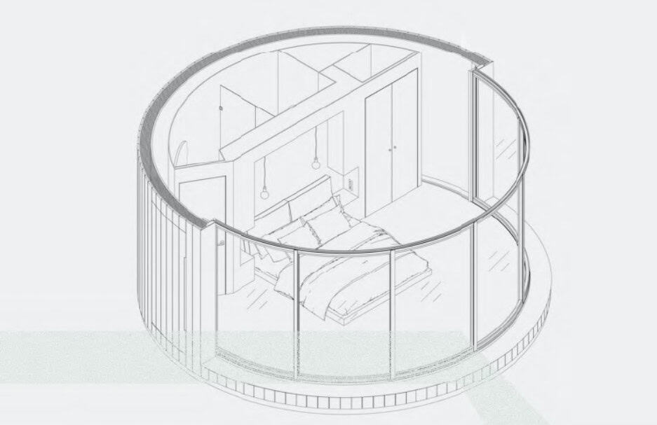 Isometric drawing of a circular glass bedroom with bed, two pendant lights, closet, and minimal furnishings.