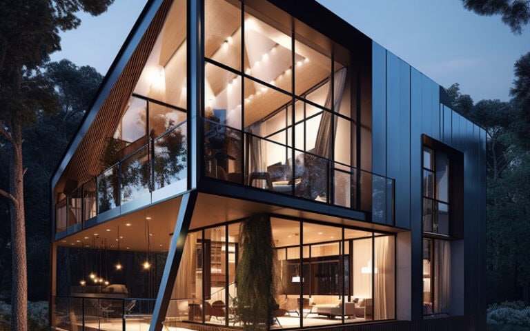 Modern house with large glass windows and glowing interiors, set among trees in a wooded area at dusk.