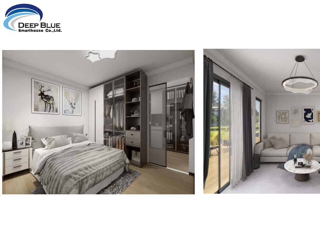 Renderings of a modern bedroom with furniture and a living room with sofa, coffee table, and glass doors to outdoors.