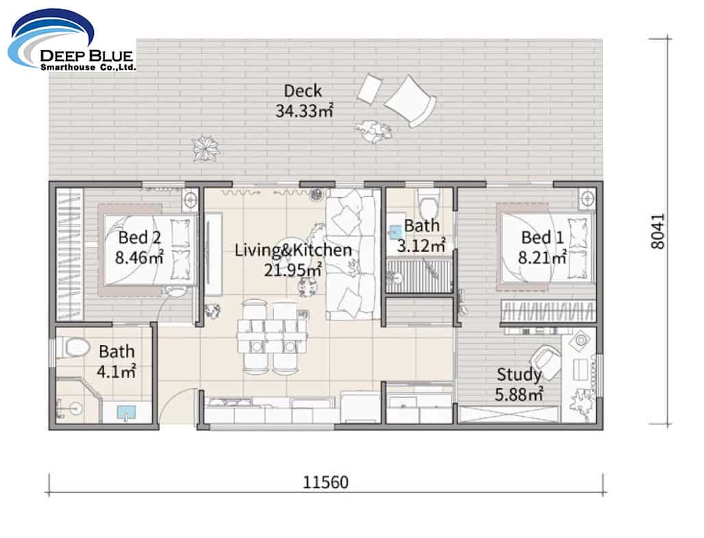 House floor plan: deck, 2 bedrooms, 2 baths, living/kitchen, study. Room sizes labeled in sq meters.