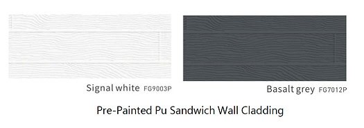 Signal white and basalt grey wavy wall cladding samples. Text: "Pre-Painted Pu Sandwich Wall Cladding.