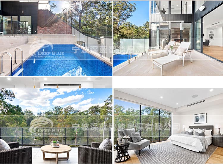 Collage of modern home: outdoor pool, lounge patio, balcony seating, and large-window bedroom with forest views.