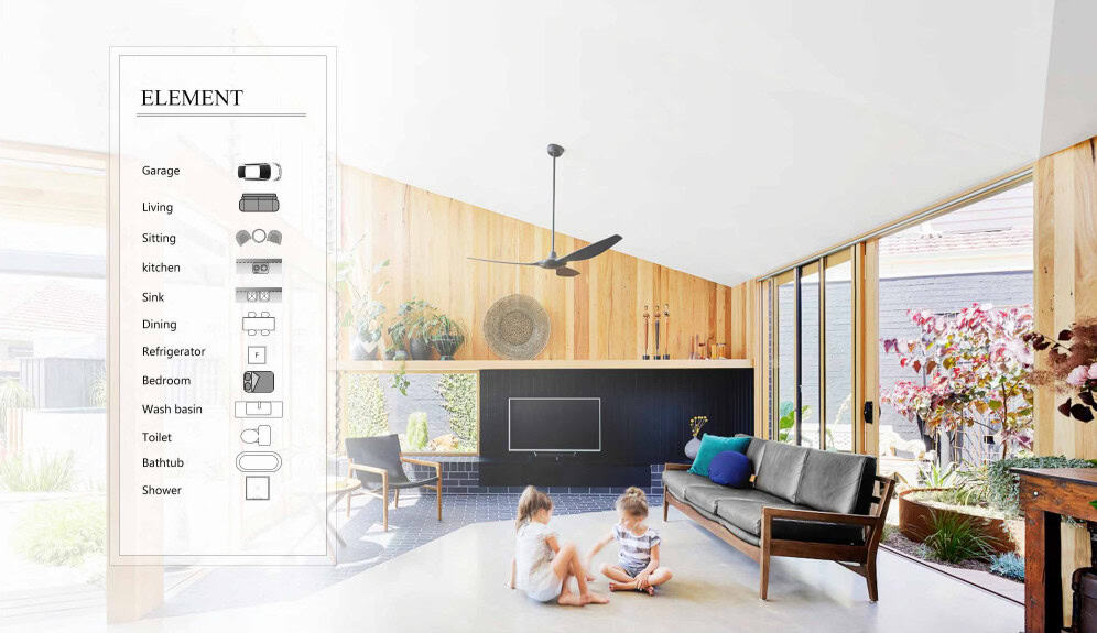 Two kids sit on the floor of a bright living room; a home diagram is overlaid on the left side.