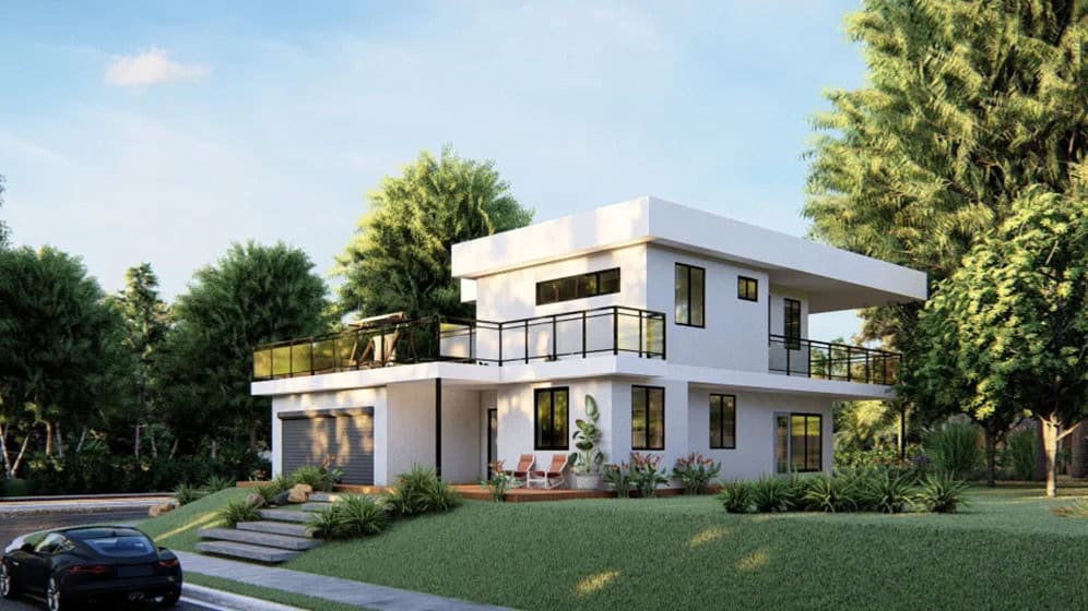 Two-story white house with big windows, glass balcony, greenery, and a driveway featuring a black car.