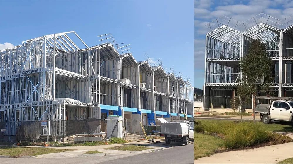 Two views of multi-story buildings under construction with steel frames, scaffolding, parked vehicles, and clear skies.