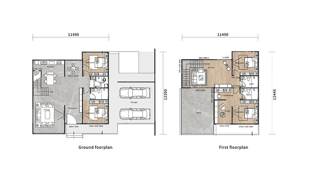 Two-story floor plan: ground with living, kitchen, garage, bedrooms; upstairs has more bedrooms, living area, study; dimensions shown.