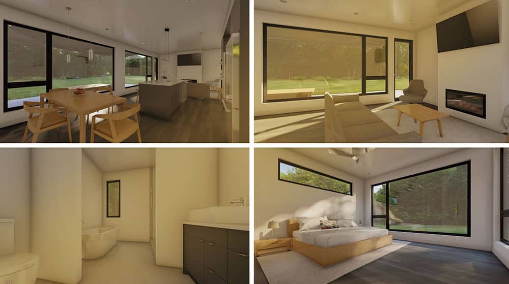 Modern home interior with large windows, featuring kitchen, dining, living room, bathroom with tub, and bedroom with views.
