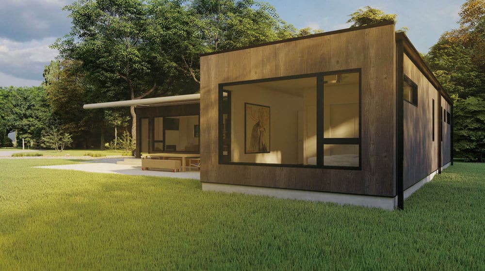 Modern one-story house with large windows, wood siding, covered patio, and lawn with trees.