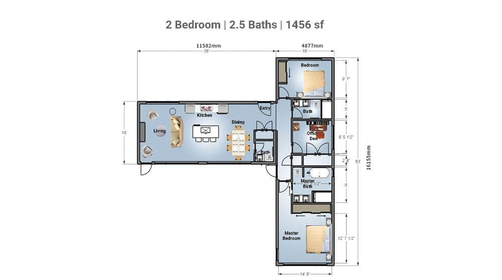 Floor plan: 2 bed, 2.5 bath, 1456 sf, with living, kitchen, dining, laundry, entry; rooms labeled with measurements.